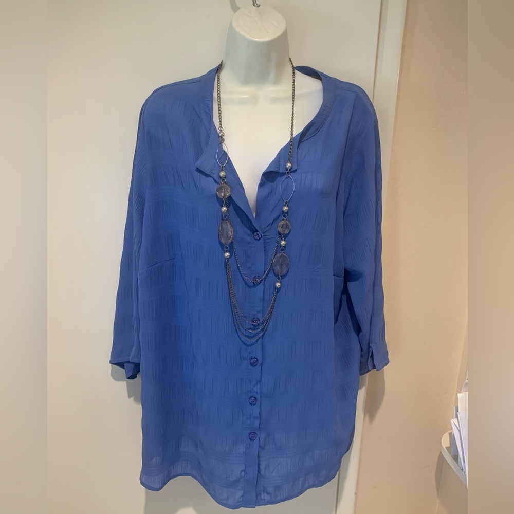 Nations, 3/4 sleeve sheer blue blouse.  Used, bdf, polyester.